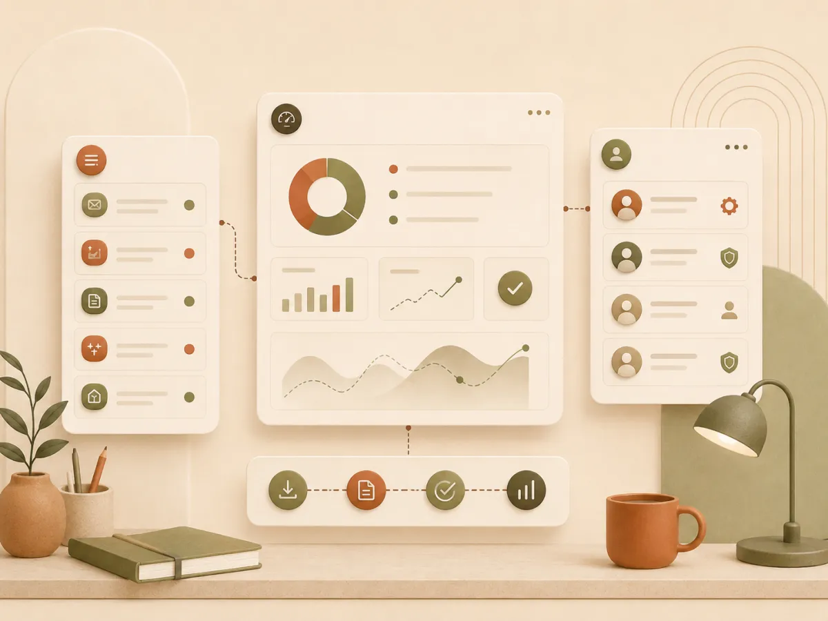 Illustration d'une application métier sur mesure avec tableau de bord, suivi d'activité et modules de gestion.
