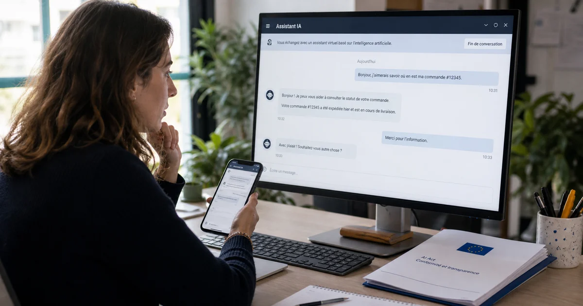 Une responsable vérifie qu'un assistant conversationnel est clairement identifié comme une intelligence artificielle