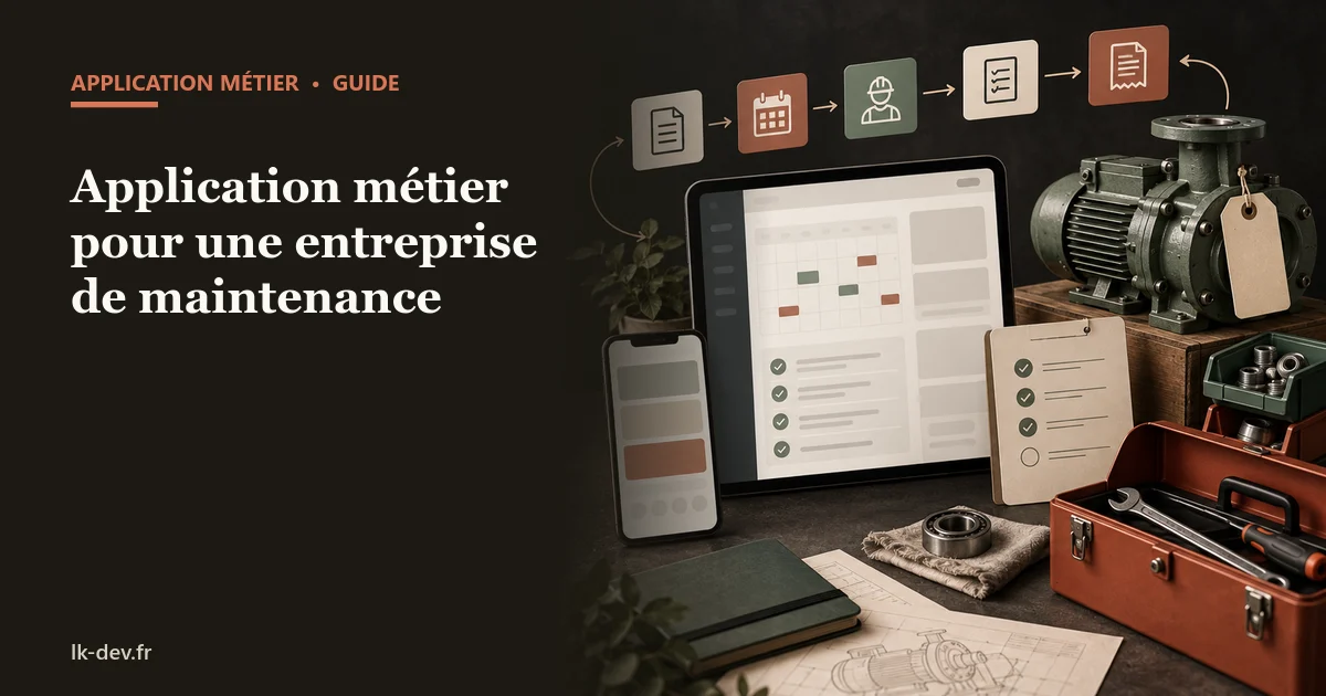 Illustration d'une application de maintenance reliant demande, planning, technicien, rapport et facturation