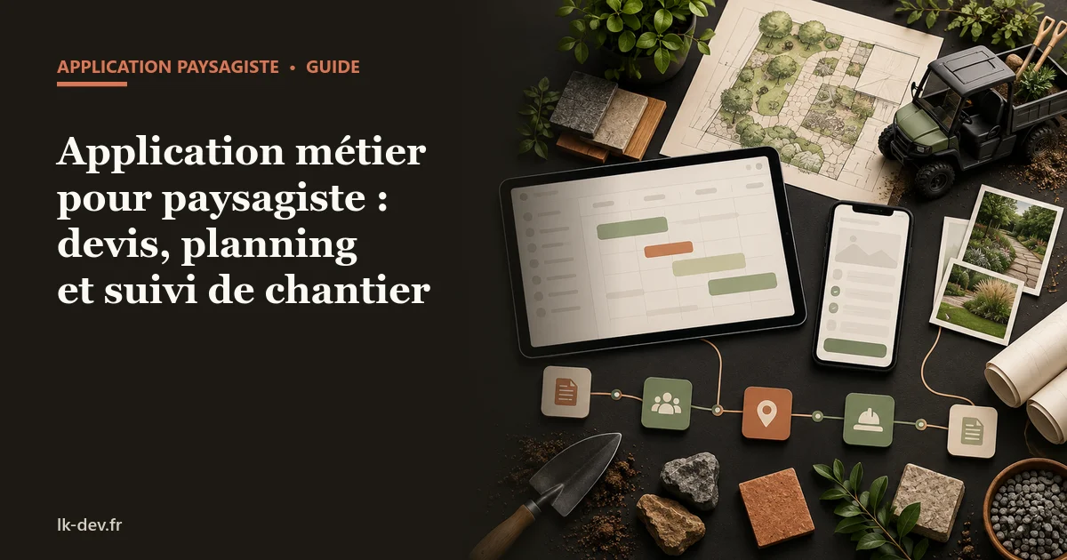 Tablette de planning, dossier de jardin, photos de chantier et matériel reliés dans un outil paysagiste