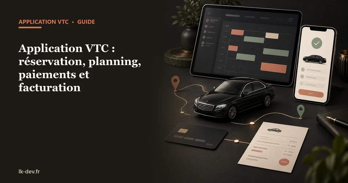 Illustration d'une application VTC reliant planning, réservation, voiture, paiement et facture