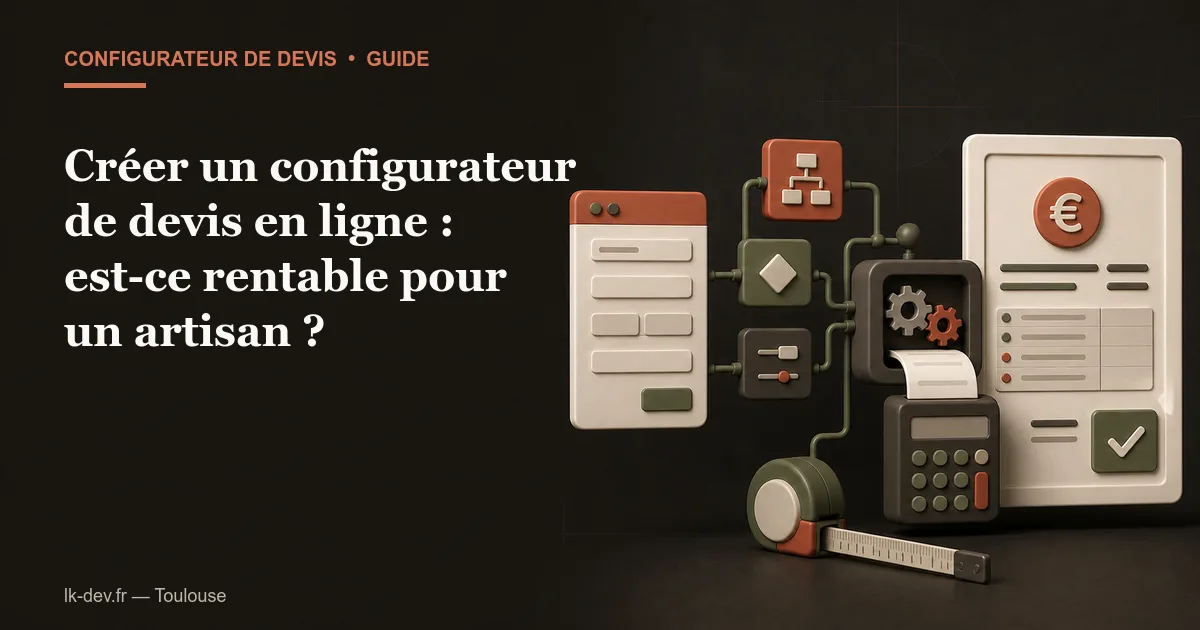 Illustration éditoriale d'un formulaire transformé par des règles de calcul en estimation puis en devis
