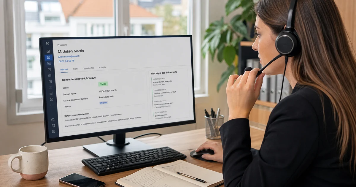 Une commerciale vérifie dans son CRM la preuve horodatée du consentement avant un appel