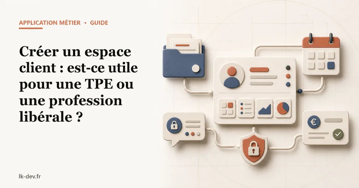 Illustration éditoriale d'un espace client reliant documents, rendez-vous, messages et paiements