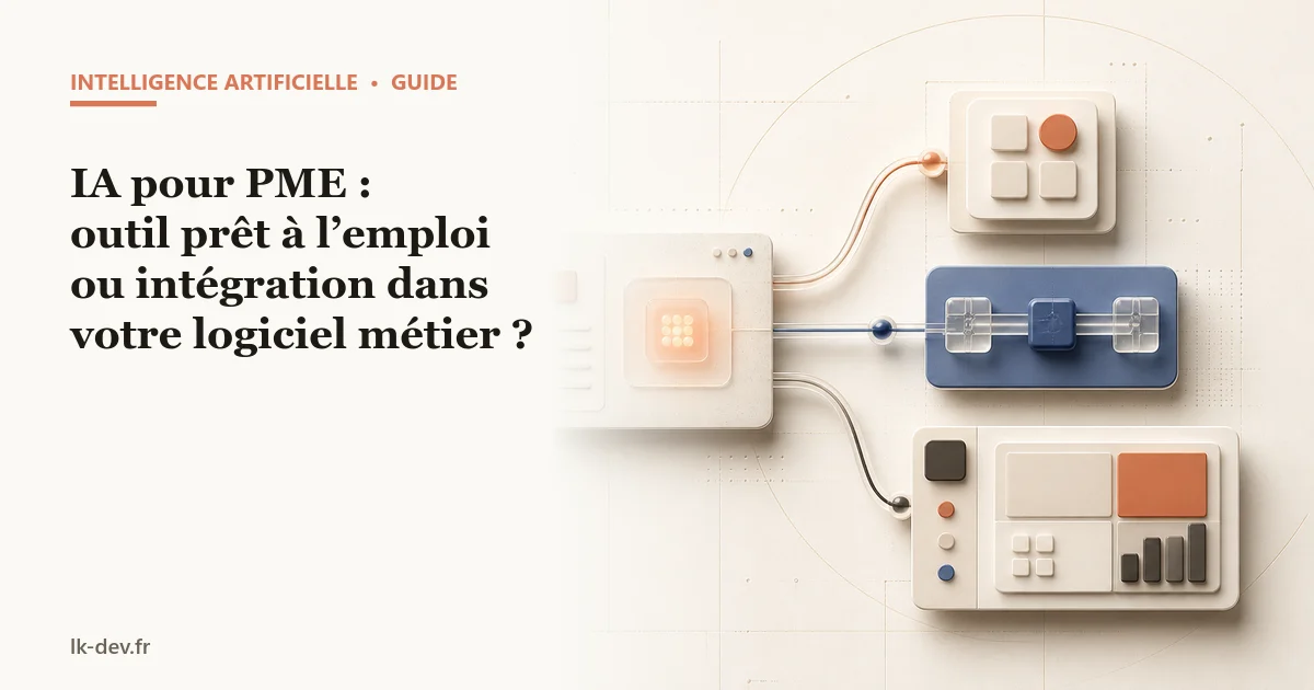 Illustration éditoriale d'un flux métier orienté vers trois niveaux d'intégration d'intelligence artificielle