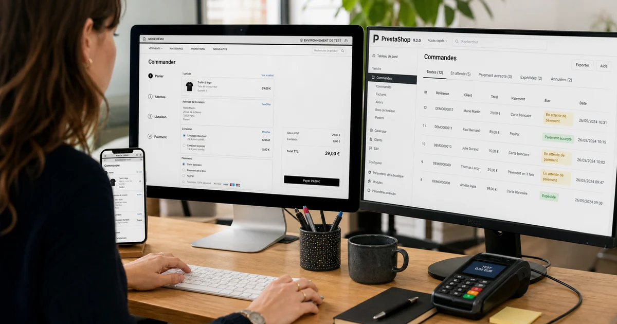 Une développeuse teste le paiement d'une boutique PrestaShop sur un environnement de démonstration