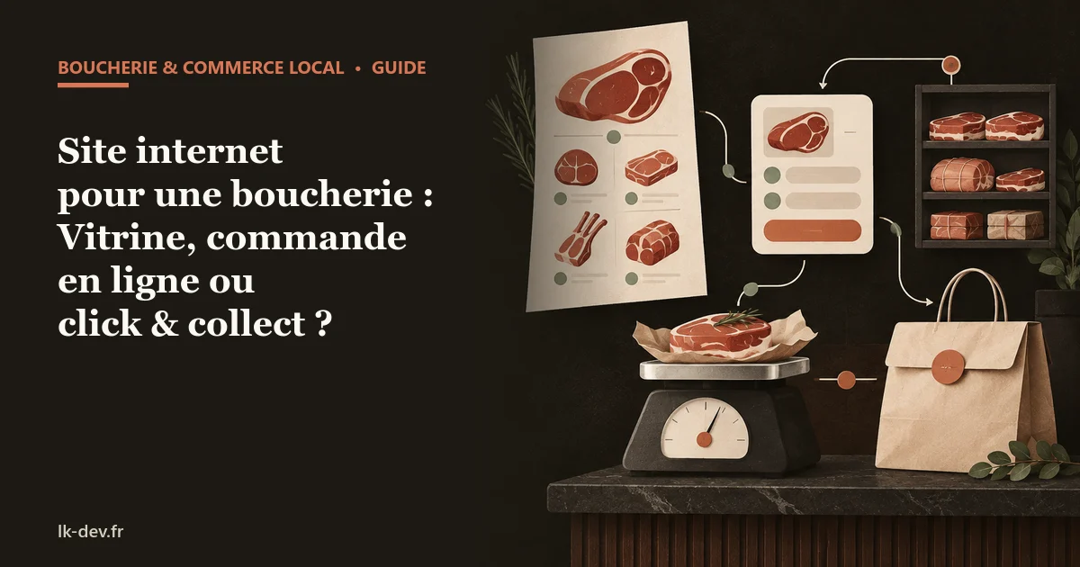 Illustration d'un catalogue de boucherie relié à une commande, une balance et un retrait en magasin