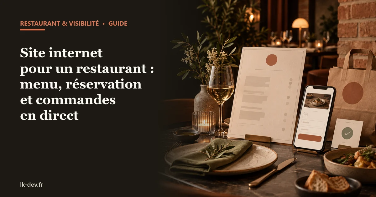 Illustration d'un restaurant avec menu, table, réservation mobile et commande à emporter