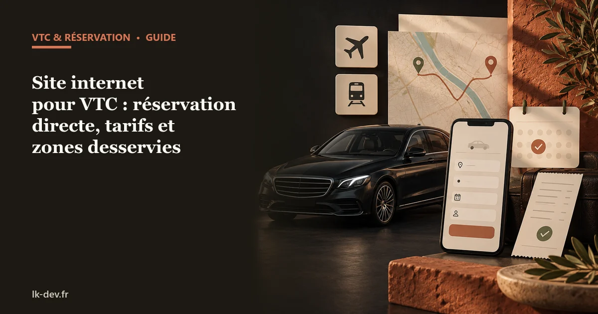 Illustration d'un site VTC avec réservation, itinéraire, voiture et confirmation