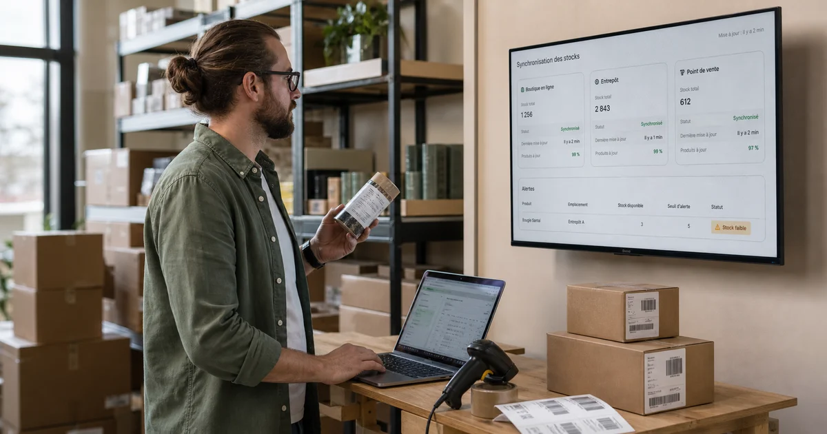 Un responsable logistique contrôle la synchronisation du stock d'une boutique en ligne