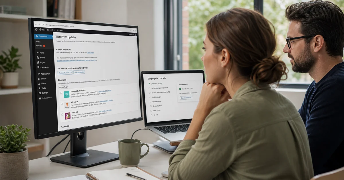 Une professionnelle et un développeur préparent la mise à jour WordPress 7.0 sur une préproduction