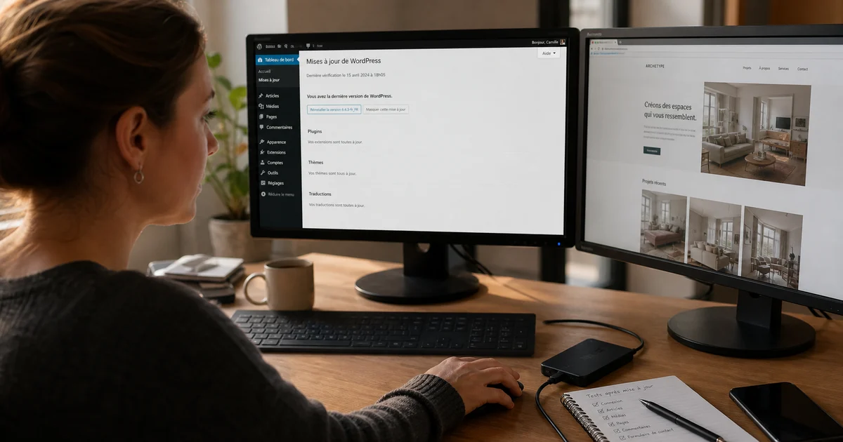Une développeuse prépare une mise à jour WordPress sur deux écrans avec une sauvegarde externe