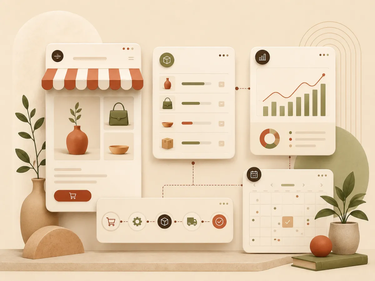 Illustration d'un écosystème d'applications métier, e-commerce, stock et automatisations.