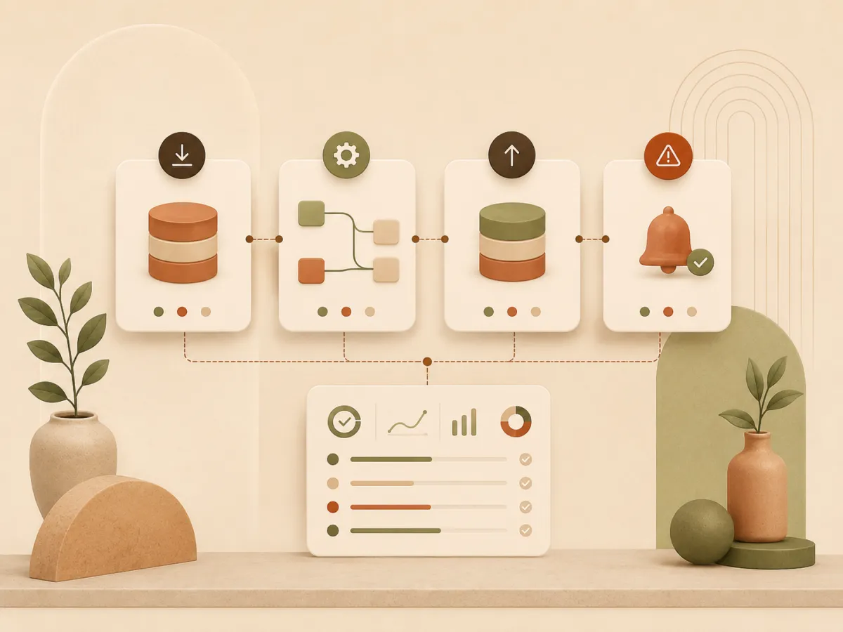 Illustration d'un tableau de bord de maintenance avec suivi, alertes et routine d'automatisation.