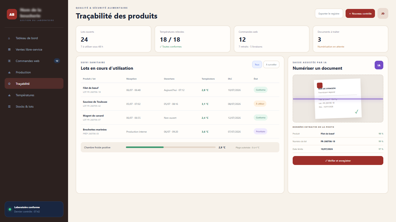Capture d’écran de l’interface de démonstration : Écosystème métier, e-commerce et traçabilité alimentaire.