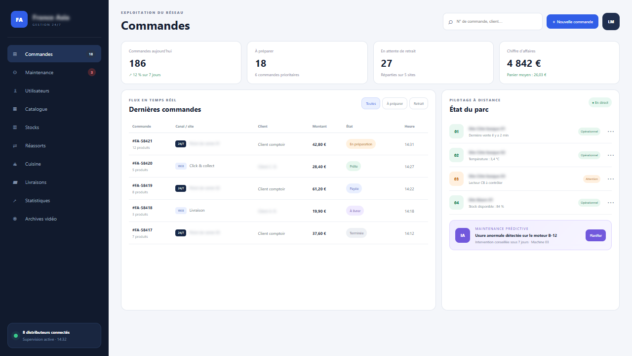 Capture d’écran de l’interface de démonstration : Système complet de gestion d'une flotte de distributeurs automatiques.