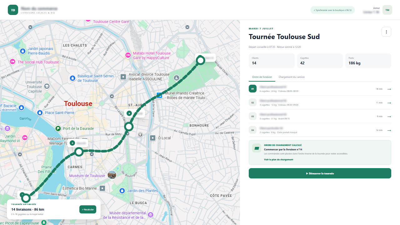 Capture d’écran de l’interface de démonstration : Application de préparation et d’optimisation des tournées.